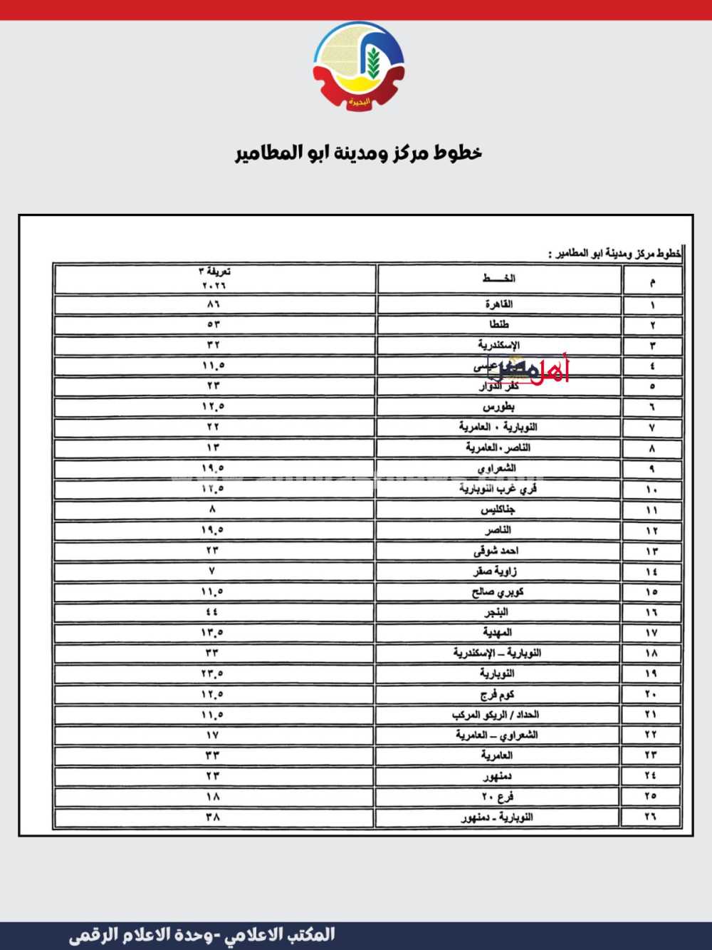 تعريفة الركوب الجديدة بالبحيرة