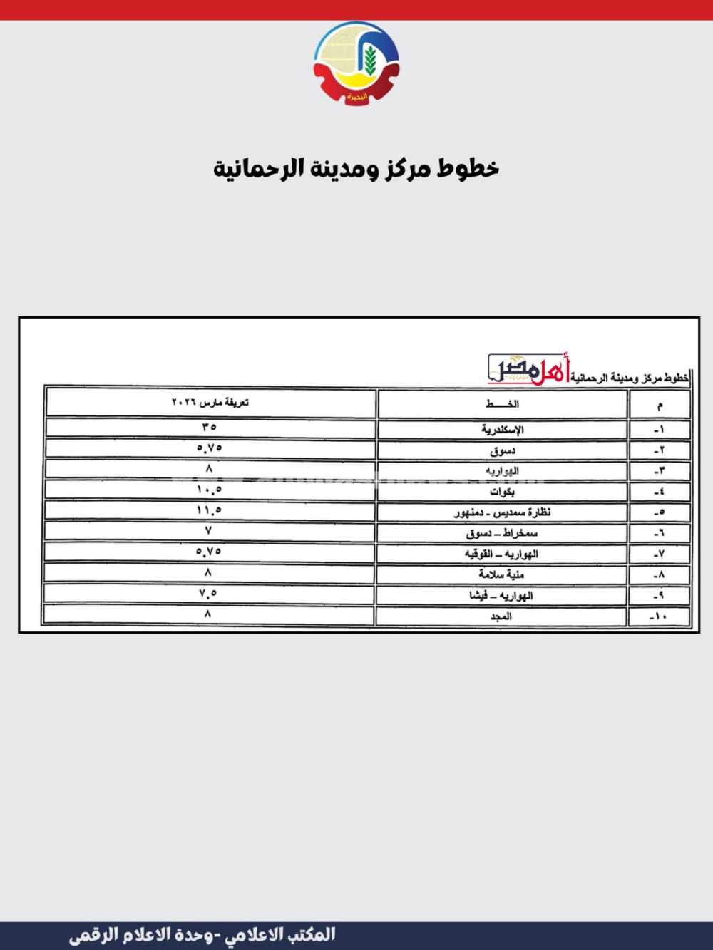 تعريفة الركوب الجديدة بالبحيرة