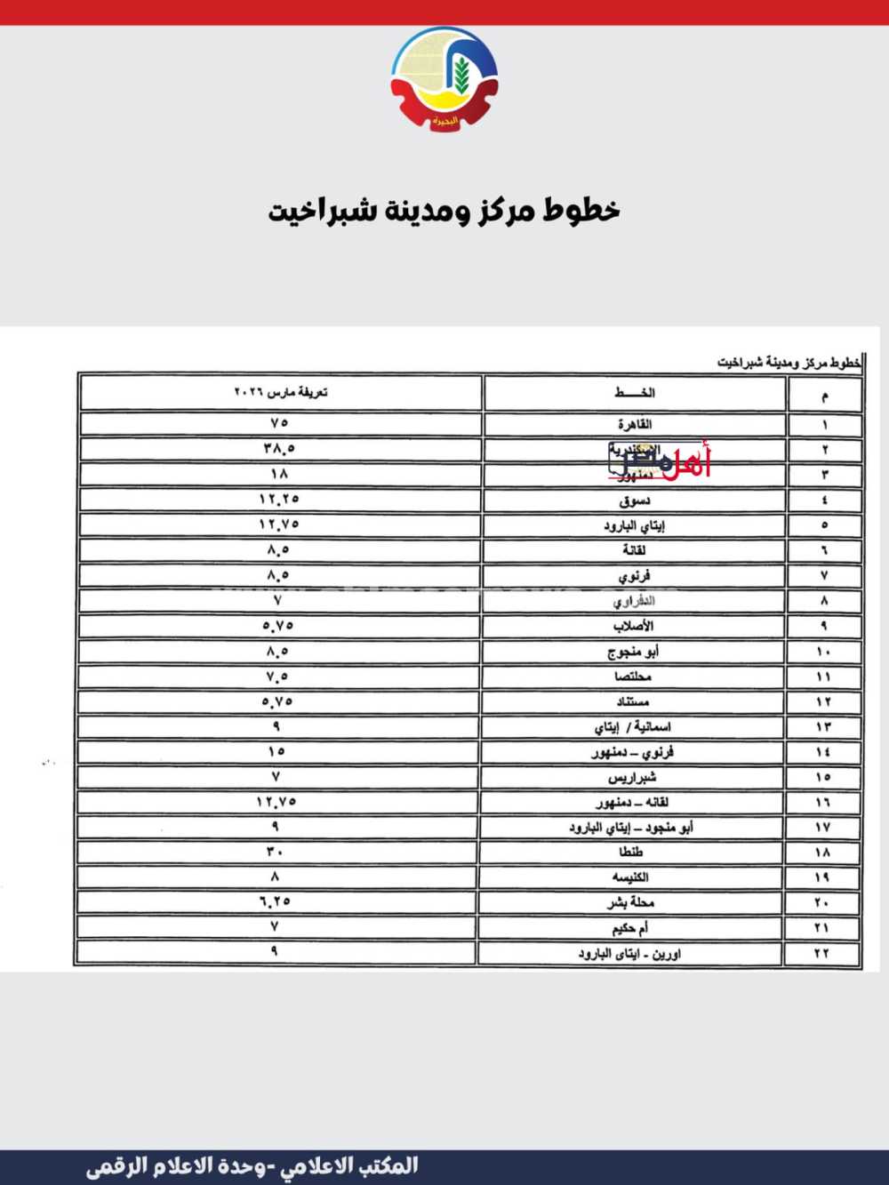 تعريفة الركوب الجديدة بالبحيرة